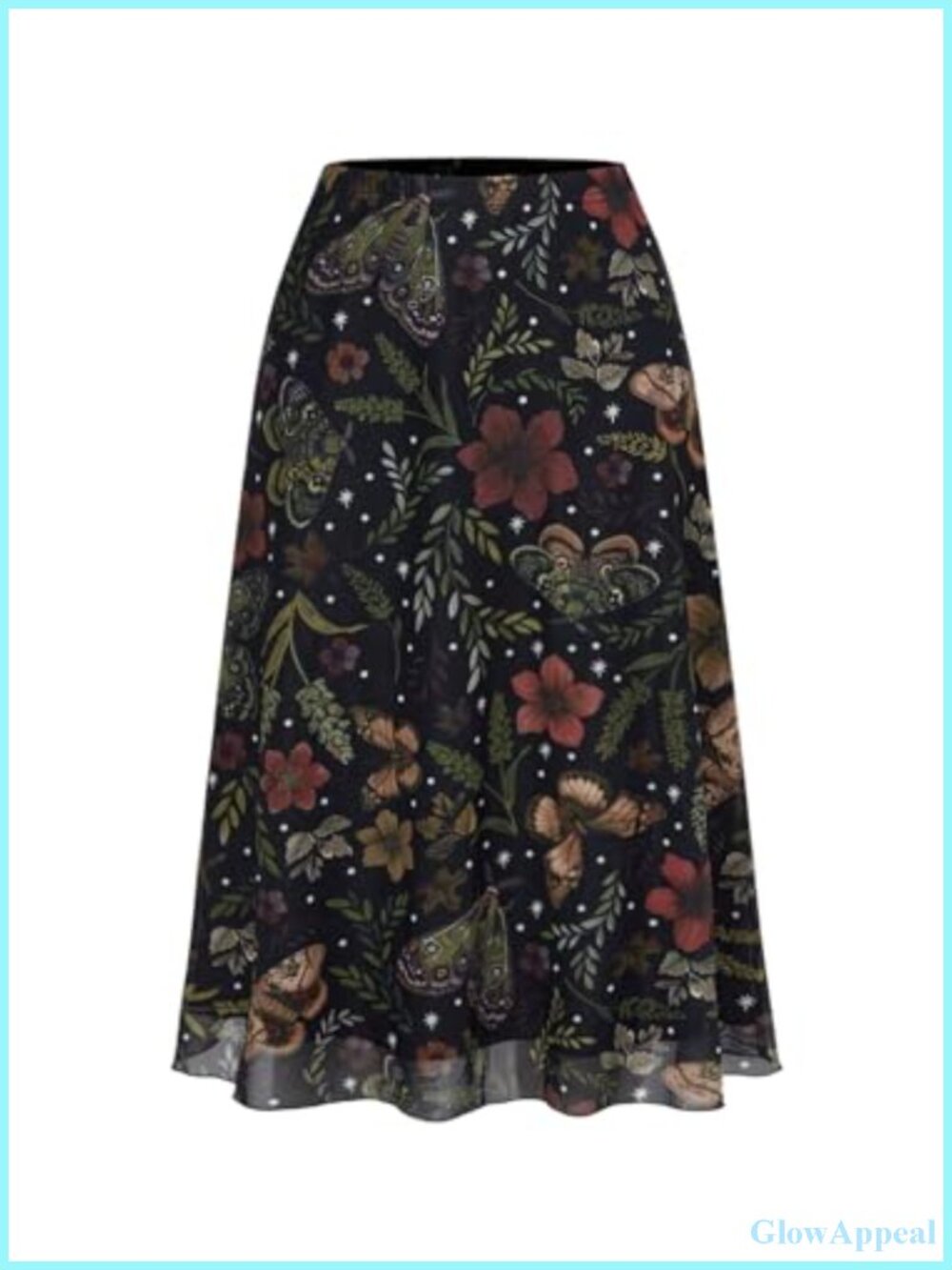 Plus Size Floral Mesh Midi Skirt A-Line Flowy High Waist